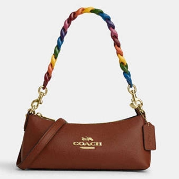 Coach Charlotte Shoulder/Crossbody Bag Brown w Multi Color  Strap NWT - Picture 1 of 12